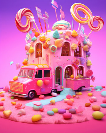 A candy-colored food truck on a pink background. Image generated with Generative AIの素材
