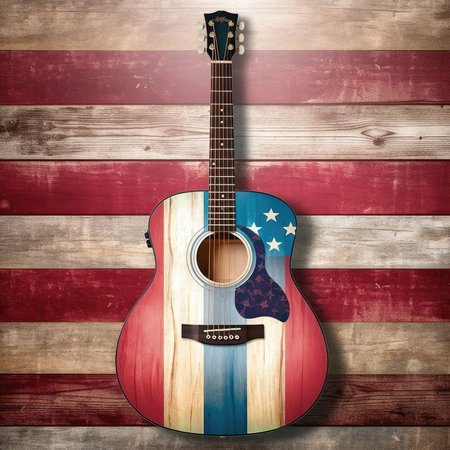 An acoustic guitar with an American flag concept on wood. Image generated with Generative AIの素材
