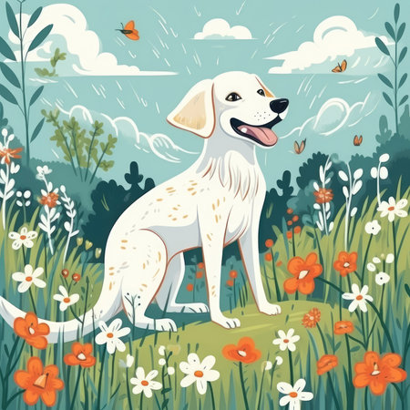 The cute dog plays in a meadow or garden. Image generated with Generative AIの素材