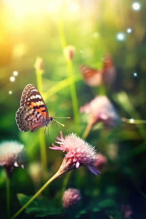The meadow features clover, butterfly, wild flowers, and sun rays. Image generated with Generative AIの素材
