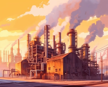 The AI shows outdoor smoke emissions from a metal plant. Image generated with Generative AIの素材
