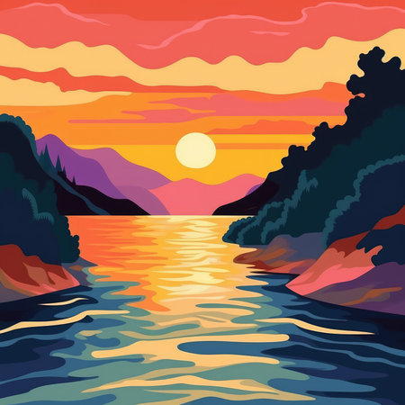 Wonderful sunset colors over calm water. Image generated with Generative AIの素材