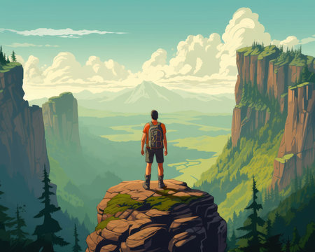 The lone hiker stood on the mountain peak, admiring the view. Image generated with Generative AIの素材