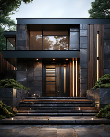 The house's jewel - modern wooden entrance with metal and nice design. Image generated with Generative AIの素材
