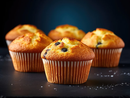 Blueberry Muffins on dark background - generated with generative AIの素材