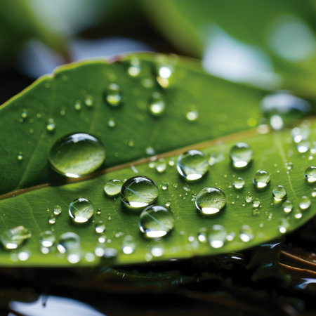 A close-up of a water drop on a green leaf for nature. Image generated with Generative AIの素材