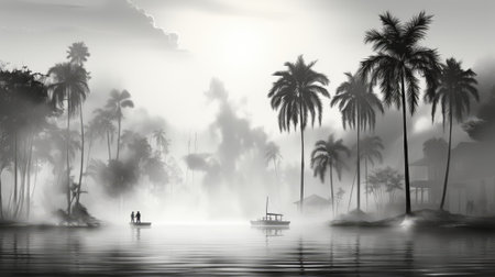Technology created black and white palm trees with mist. Image generated with Generative AIの素材