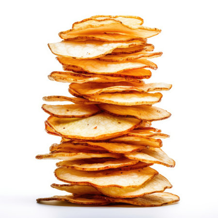 Potato chips isolated on white background - generated with generative AIの素材