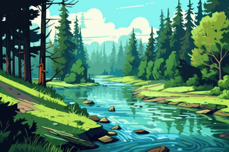 A tree-lined river flowed peacefully. Image generated with Generative AIの素材