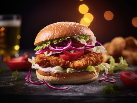 Chickenburger on dark background - generated with generative AIの素材