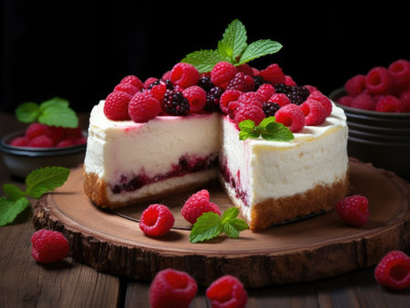 Cheesecake on dark background - generated with generative AIの素材