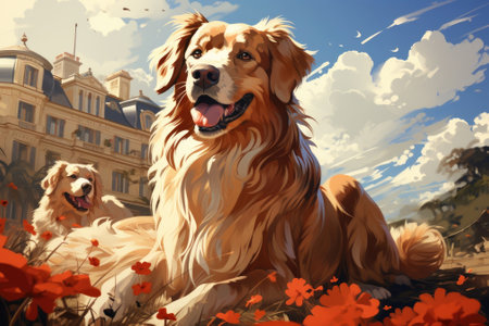 A golden retriever dog is resting on Hawaii's summer beach resort. Image generated with Generative AIの素材