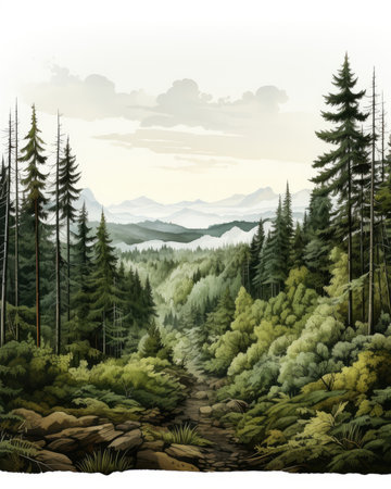 Fir trees in isolated coniferous forest against white background panorama. Image generated with Generative AIの素材