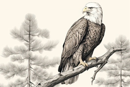 A bald eagle resting on a pine branch. Image generated with Generative AIの素材
