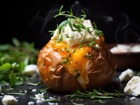 Baked Potato on dark background - generated with generative AIの素材