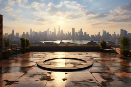 An abandoned rooftop with city backdrop showcases an empty concrete floor. Image generated with Generative AIの素材