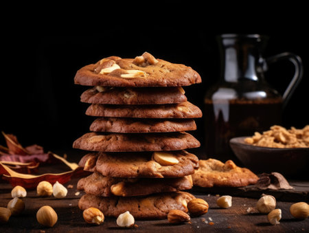 Macadamia Cookies on dark background - generated with generative AIの素材