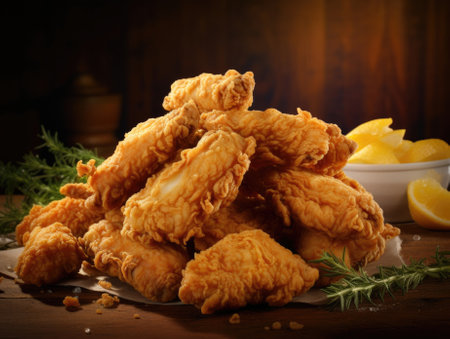 Fried Chicken on dark background - generated with generative AIの素材