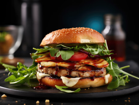 Chickenburger on dark background - generated with generative AIの素材