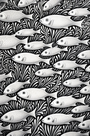 Black-and-white fish swim in a large ocean group. Image generated with Generative AIの素材