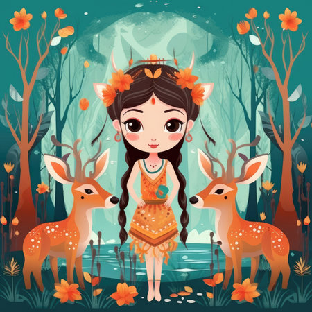 A cute forest princess illustrated in fairytale style. Image generated with Generative AIの素材