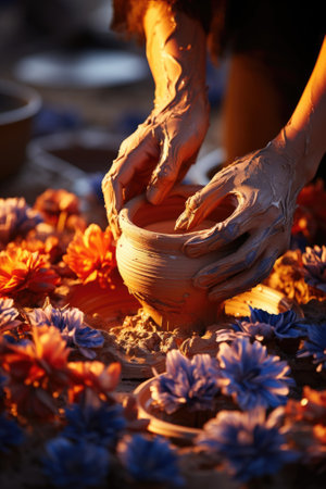 A pottery close-up showing hands shaping a clay pot. Image generated with Generative AIの素材