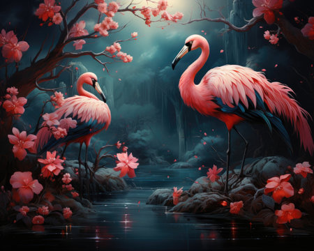 A vintage jungle wallpaper featuring flamingos, birds, and peacocks. Image generated with Generative AIの素材