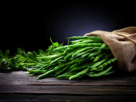 Green Beans on dark background - generated with generative AIの素材