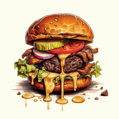 A beef burger with caramelized cheese that's juicy. Image generated with Generative AIの素材