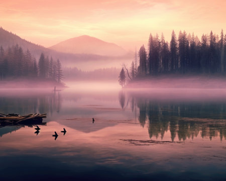 In the morning, a foggy lake landscape photo. Image generated with Generative AIの素材