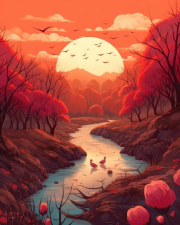 An illustrated forest landscape in spring. Image generated with Generative AIの素材