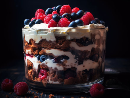 Pudding on dark background - generated with generative AIの素材