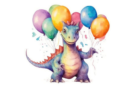 A cute dinosaur with balloons in watercolor for children's decorations. Image generated with Generative AIの素材