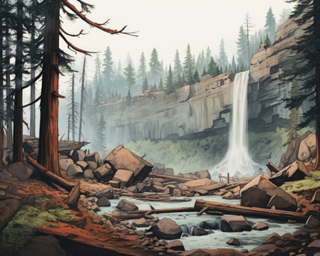 There is a waterfall in a forest with rocks and trees, a fallen branch, and a foggy sky. Image generated with Generative AIの素材