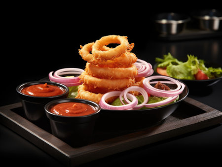 Onion Rings on dark background - generated with generative AIの素材