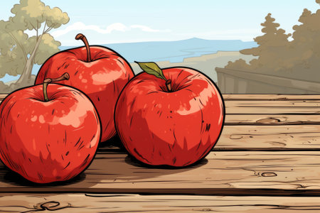 Outdoors, red apples on wooden table with text space. Image generated with Generative AIの素材