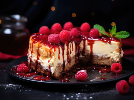 Cheesecake on dark background - generated with generative AIの素材