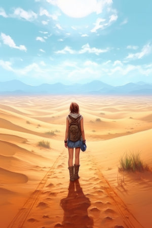 Contemplating the sandy desert, the traveler stands. Image generated with Generative AIの素材