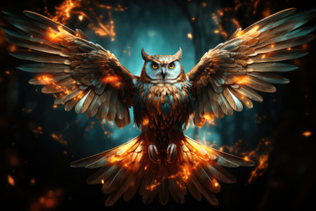 An owl in the digital world, flapping wings on dark background. Image generated with Generative AIの素材