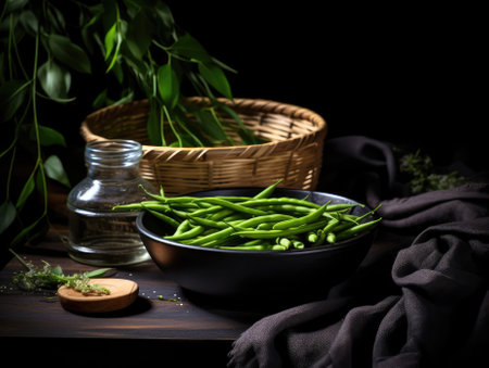Green Beans on dark background - generated with generative AIの素材