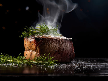 Steak on dark background - generated with generative AIの素材