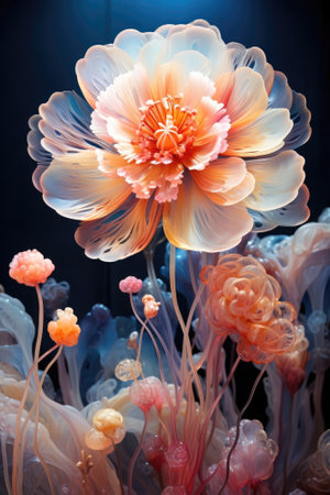 The artwork is a navy blue wallpaper with botanical flowers, including one large flower, in a flowing alcohol ink style that incorporates bioluminescence, with accents of white and gold. Image generated with Generative AIの素材