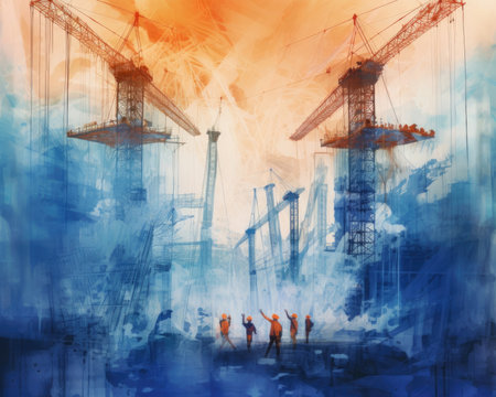 The artwork portrays growth and progress with workers and cranes. Image generated with Generative AIの素材