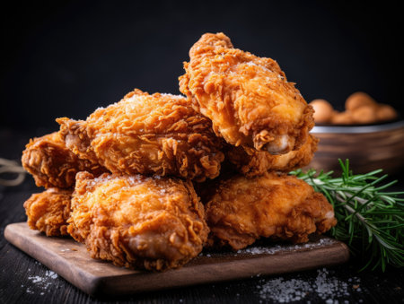 Fried Chicken on dark background - generated with generative AIの素材