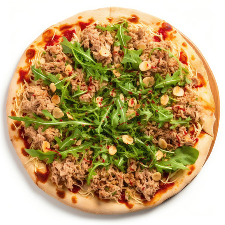 Tuna Pizza isolated on white background - generated with generative AIの素材