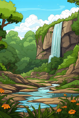 The lush forest contains a stunning waterfall surrounded by trees. Image generated with Generative AIの素材