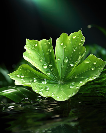 The green leaf has water droplets on top of it. Image generated with Generative AIの素材