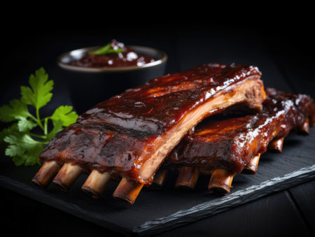 Ribs on dark background - generated with generative AIの素材