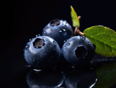 Blueberries on dark background - generated with generative AIの素材