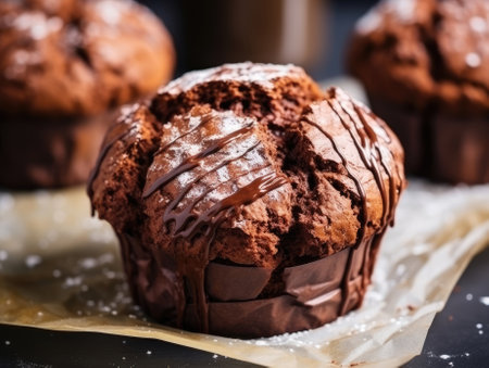 Chocolate muffins on dark background - generated with generative AIの素材
